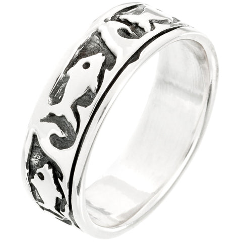 Dolphin & Wave Sterling Silver Band Ring