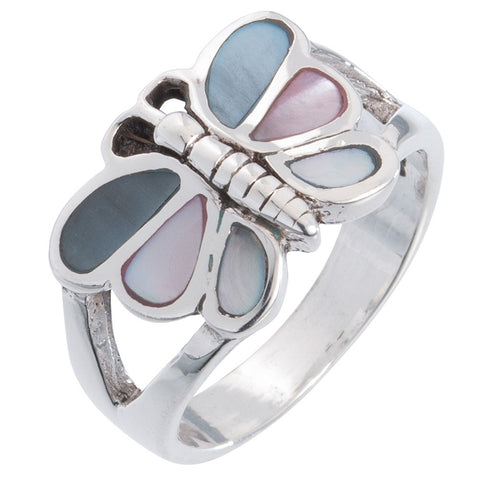 Silver Butterfly With Multi-Color Sterling Silver Inlay Ring