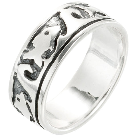Dolphin & Big Wave Sterling Silver Band Ring