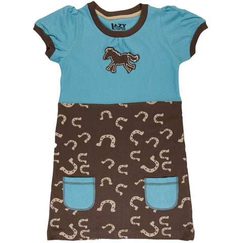 Horse & Shoes Toddler Dress, 2T / Blue Horse & Shoes Toddler Dress, 2T / Blue