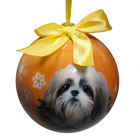 Tan And White Shih Tzu Puppy Cut Christmas Ball Ornament