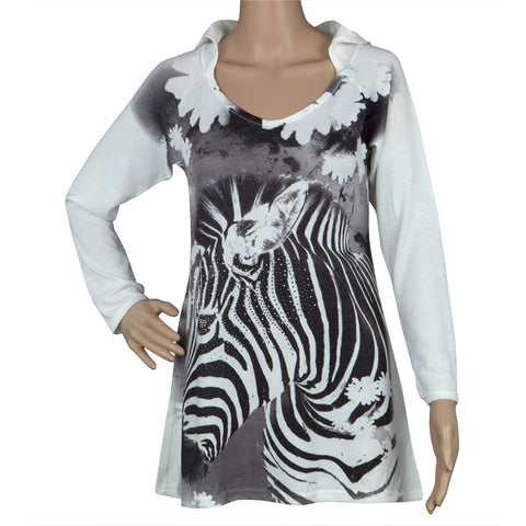 Zebra Portrait Juniors Hooded Long Sleeve T-Shirt