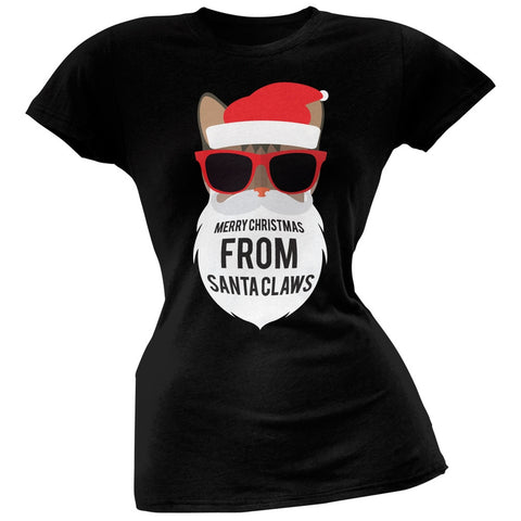 Cat Santa Ugly Christmas Sweater Juniors Black T-Shirt