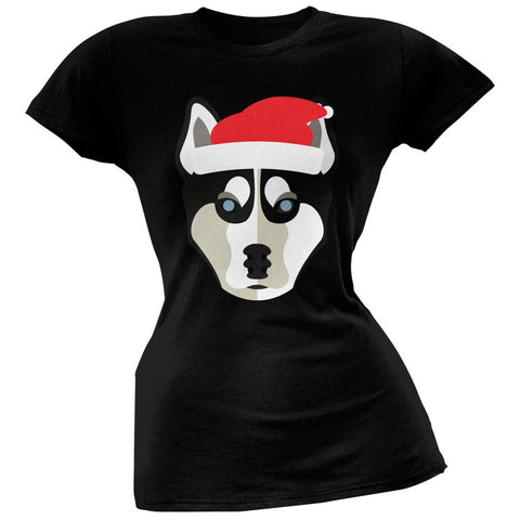 Husky Santa Christmas Juniors Black T-Shirt