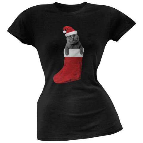Christmas Stocking Cat Black Juniors T-Shirt