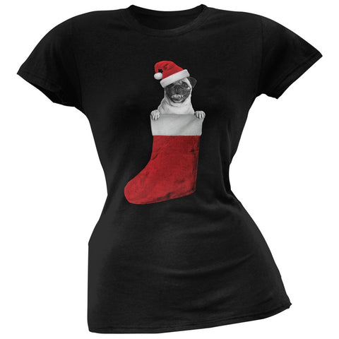 Christmas Stocking Pug Black Soft Juniors T-Shirt