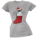 Christmas Stocking Pug Black Soft Juniors T-Shirt