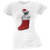 Christmas Stocking Pug Black Soft Juniors T-Shirt