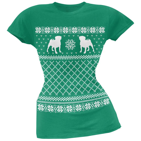 Pug Ugly Christmas Sweater Green Soft Juniors T-Shirt