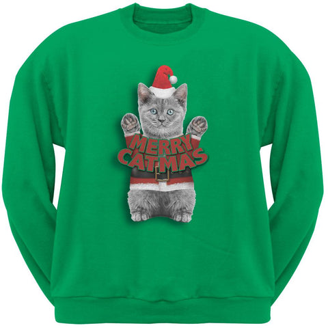 Merry Catmas Santa Christmas Cat Green Crew Neck Sweatshirt