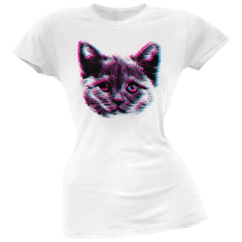 3D Cat Face White Soft Juniors T-Shirt