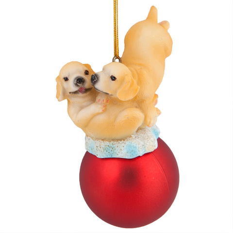 Puppies On Red Ball Christmas Ornament