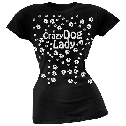 Crazy Dog Lady Paw Prints Black Soft Juniors T-Shirt