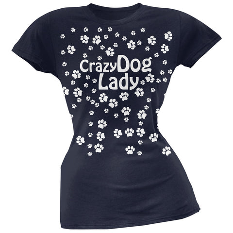 Crazy Dog Lady Paw Prints Navy Soft Juniors T-Shirt