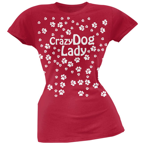 Crazy Dog Lady Paw Prints Red Soft Juniors T-Shirt
