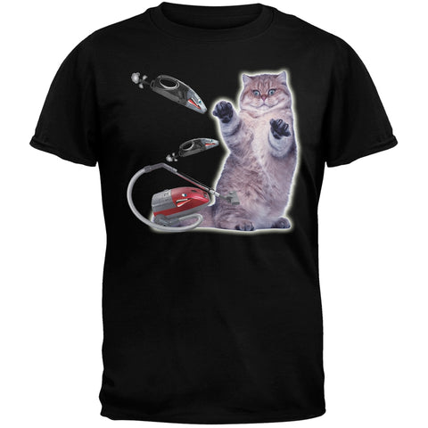 Galaxy Cat Vacuum Attack Black Adult T-Shirt