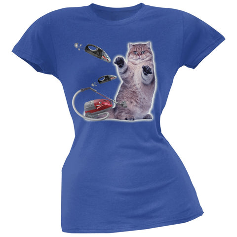 Galaxy Cat Vacuum Blue Juniors T-Shirt