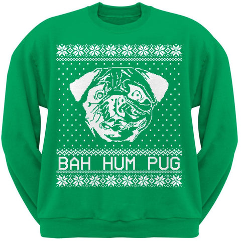 Bah Hum Pug Ugly Christmas Sweater Green Adult Crew Neck Sweatshirt