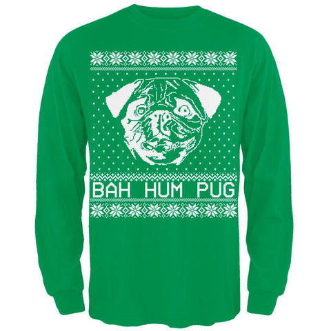 Bah Hum Pug Ugly Christmas Sweater Green Adult Long Sleeve T-Shirt