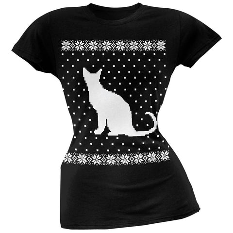 Big Cat Ugly Christmas Sweater Black Soft Juniors T-Shirt
