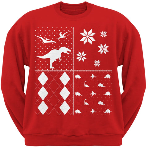 Dinosaurs Festive Blocks Ugly Christmas Sweater Red Adult Crew Neck Sweatshirt