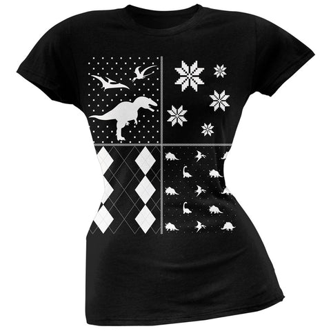 Dinosaurs Festive Blocks Ugly Christmas Sweater Black Soft Juniors T-Shirt