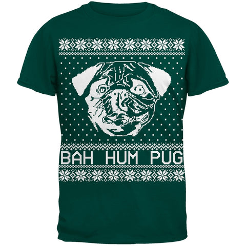 Bah Hum Pug Ugly Christmas Sweater Dark Green Adult T-Shirt