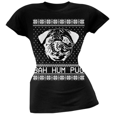 Bah Hum Pug Ugly Christmas Sweater Black Soft Juniors T-Shirt