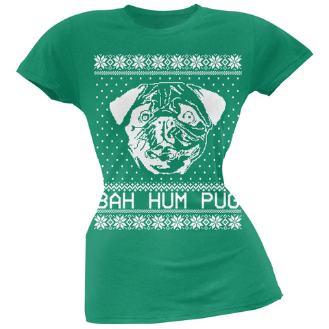 Bah Hum Pug Ugly Christmas Sweater Green Soft Juniors T-Shirt