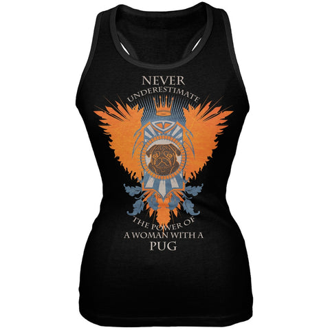 Never Underestimate Woman Power Pug Black Juniors Tank Top