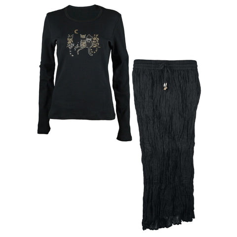 Cats Hanging Around Beaded Long Sleeve T-Shirt and Skirt Set
