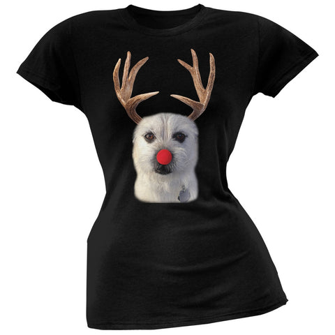 Funny Reindeer Dog Ugly Christmas Sweater Black Soft Juniors T-Shirt