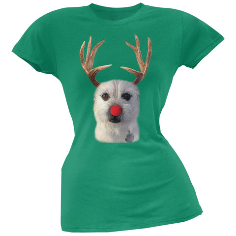 Funny Reindeer Dog Ugly Christmas Sweater Soft Green Juniors T-Shirt