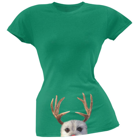 Peeking Funny Reindeer Dog Green Soft Juniors T-Shirt