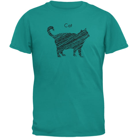 Cat Scribble Drawing Jade Green Adult T-Shirt