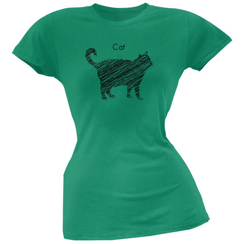 Cat Scribble Drawing Kelly Green Juniors Soft T-Shirt
