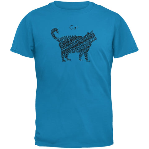 Cat Scribble Drawing Sapphire Blue Adult T-Shirt