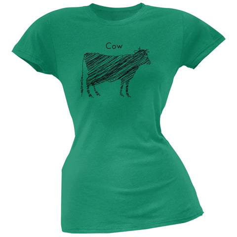Cow Scribble Drawing Kelly Green Juniors Soft T-Shirt