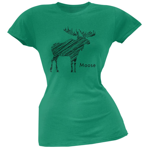 Moose Scribble Drawing Kelly Green Juniors Soft T-Shirt