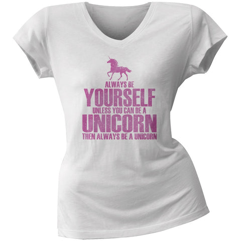 Always Be Yourself Unicorn White Juniors V-Neck T-Shirt