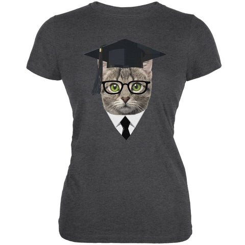 Graduation Funny Cat Dark Heather Grey Juniors Soft T-Shirt