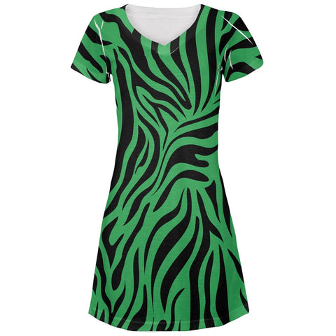 Zebra Print Green All Over Juniors V-Neck Dress