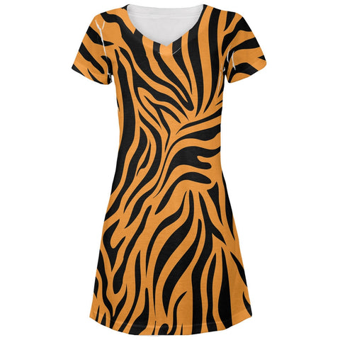 Zebra Print Orange All Over Juniors V-Neck Dress