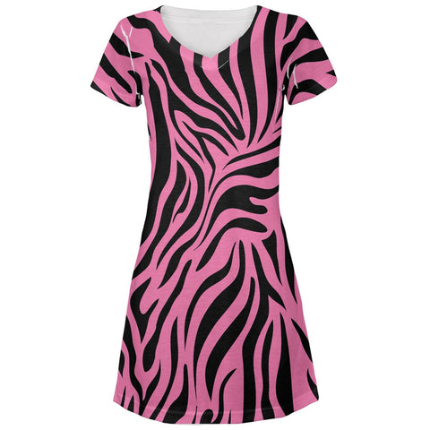 Zebra Print Pink All Over Juniors V-Neck Dress