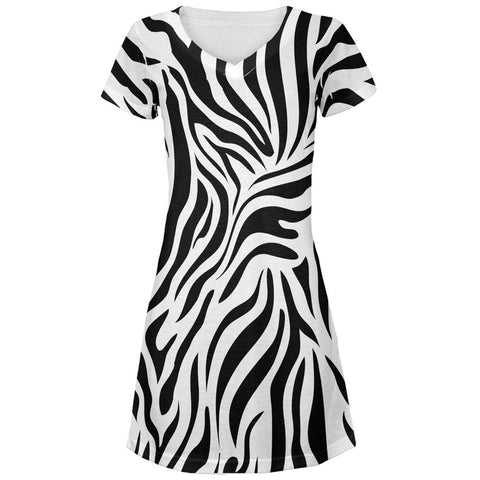 Zebra Print White Juniors V-Neck Beach Cover-Up Dress