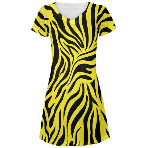 Zebra Print Yellow Juniors V-Neck Beach Cover-Up Dress