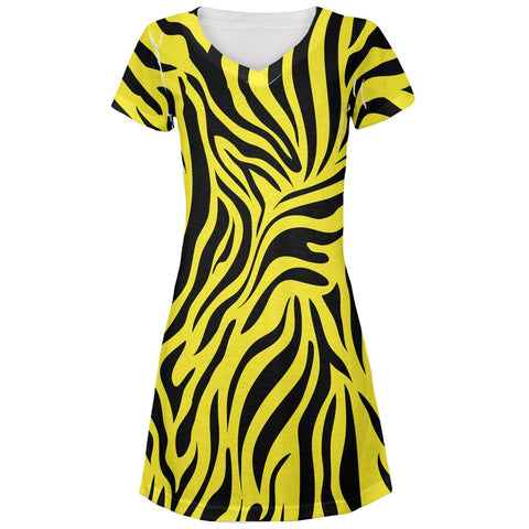 Zebra Print Yellow All Over Juniors V-Neck Dress