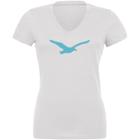 Seagull Faux Stitched White Juniors V-Neck T-Shirt