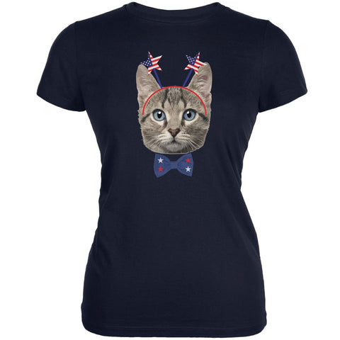 4th of July Funny Cat Navy Juniors Soft T-Shirt