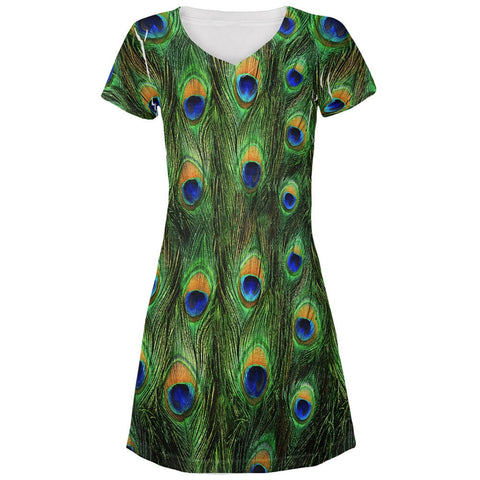 Peacock Feathers All Over Juniors V-Neck Dress